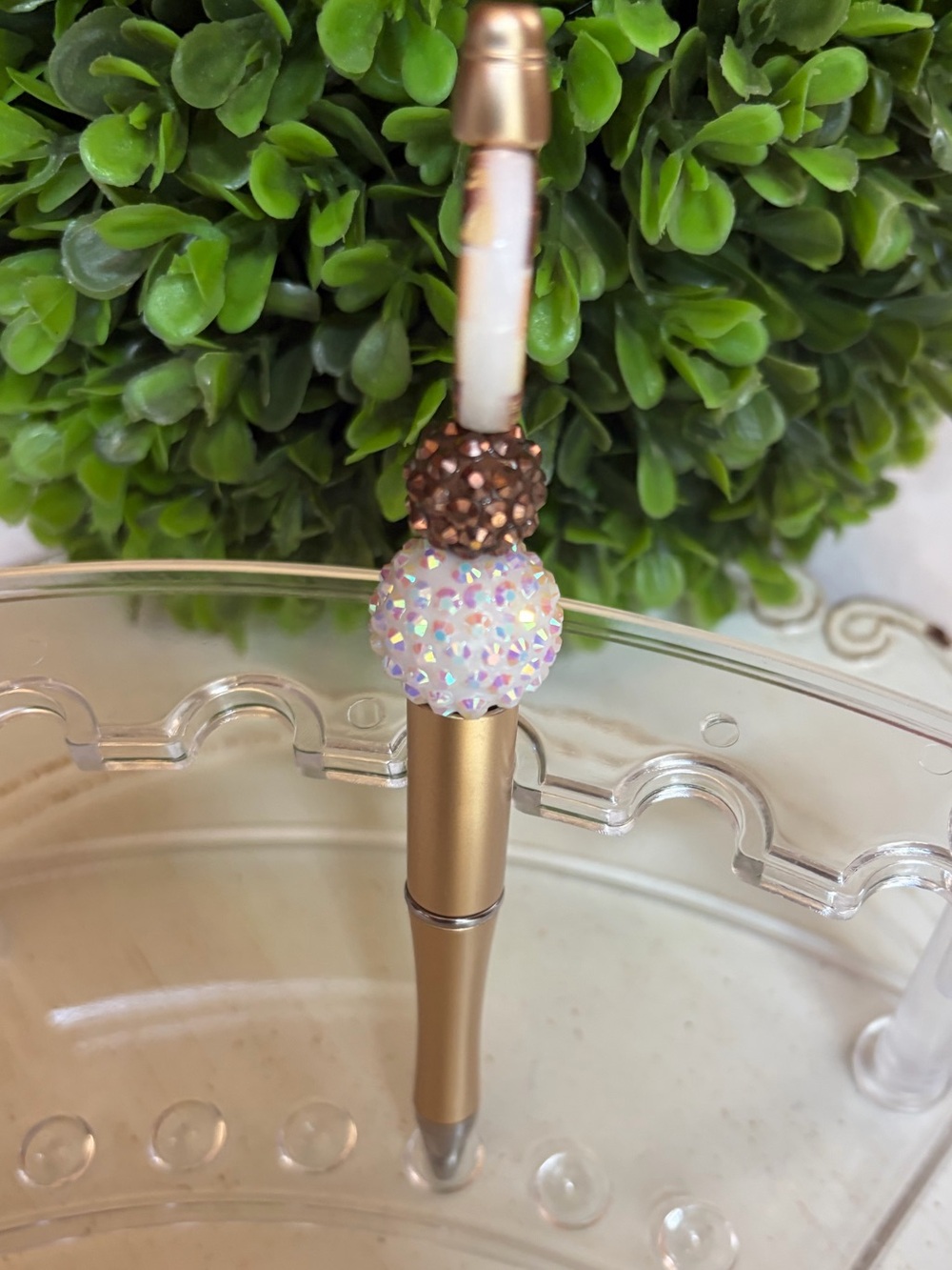 Custom beaded pen with heart shape logo charm  Gold and White Bead accents